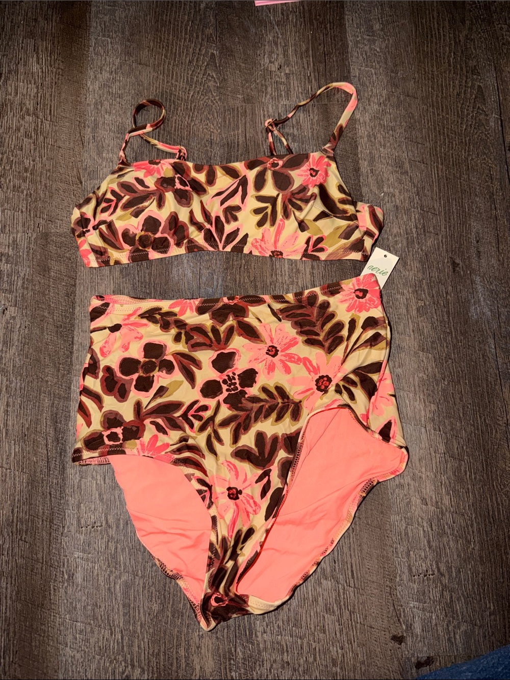 aerie Floral High-Waist Bikini Set - Pink, Brown & Cream